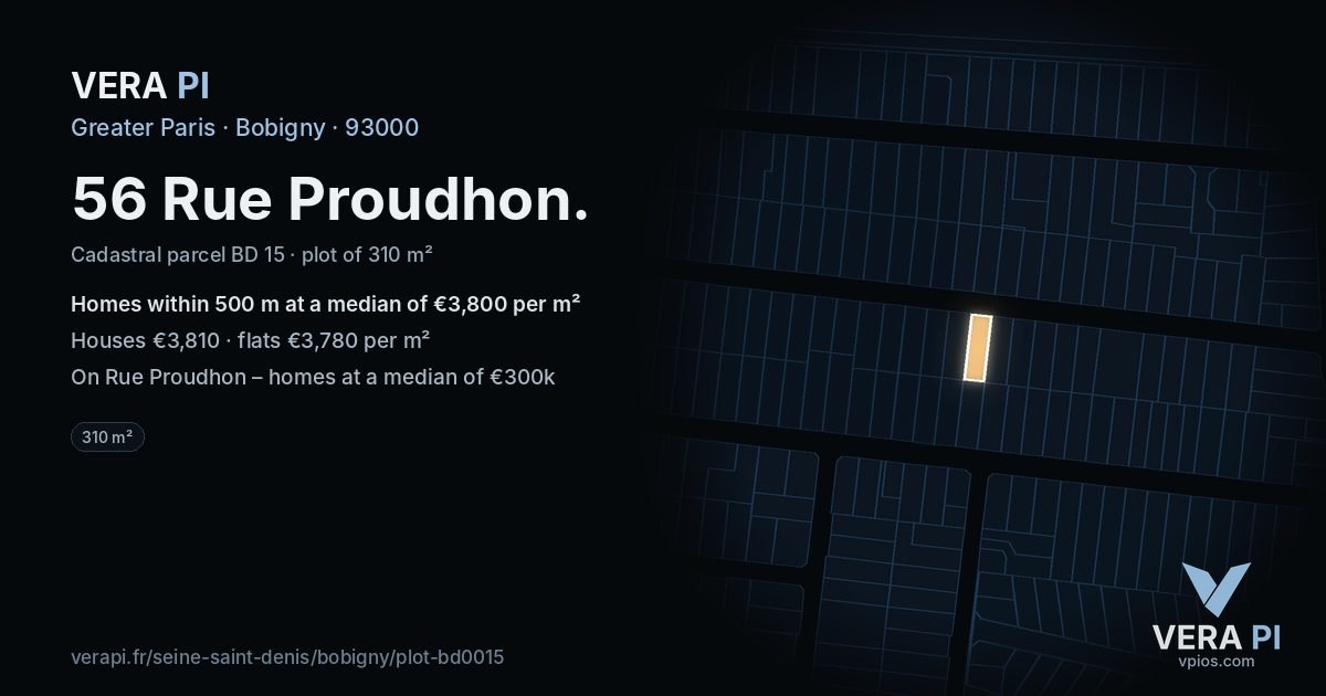 56 Rue Proudhon, Bobigny at night – the plot lit, the parcels around coloured by the prices near them