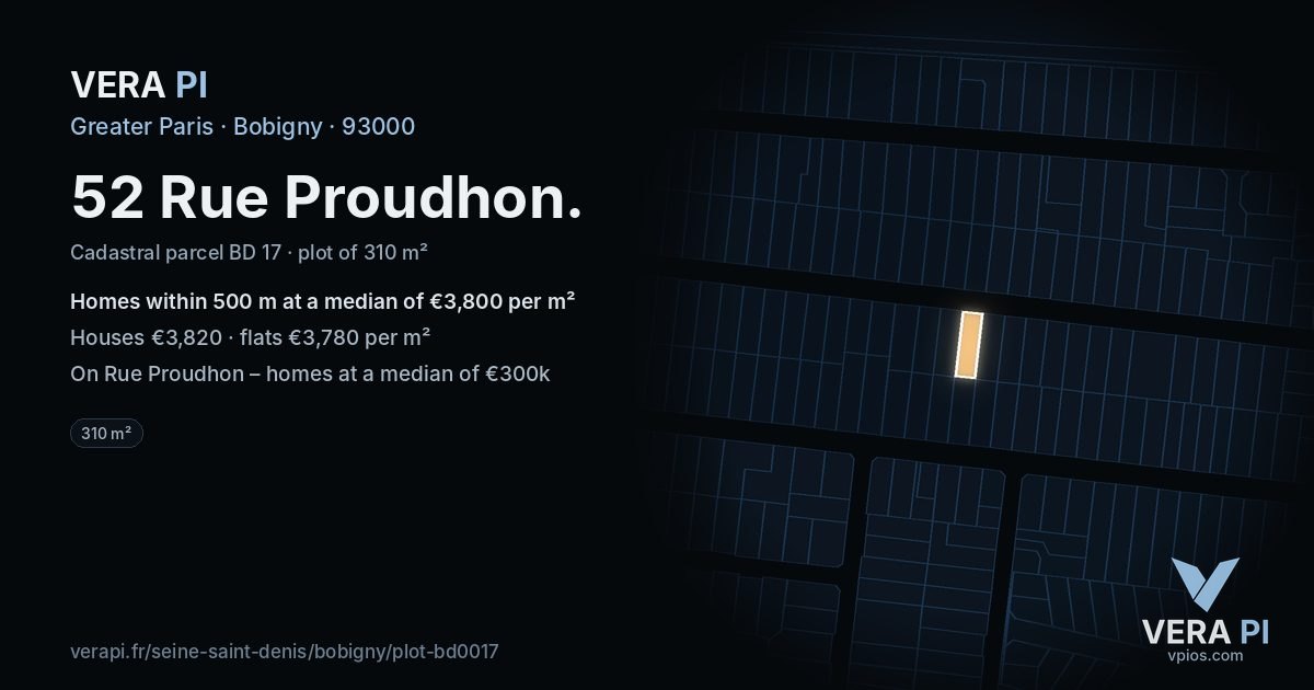 52 Rue Proudhon, Bobigny at night – the plot lit, the parcels around coloured by the prices near them