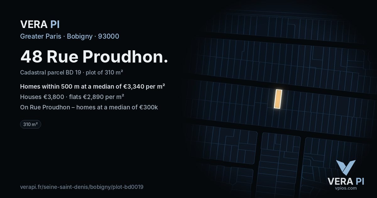 48 Rue Proudhon, Bobigny at night – the plot lit, the parcels around coloured by the prices near them