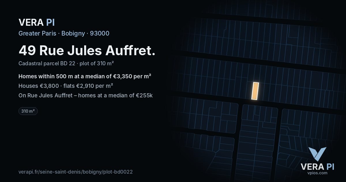 49 Rue Jules Auffret, Bobigny at night – the plot lit, the parcels around coloured by the prices near them
