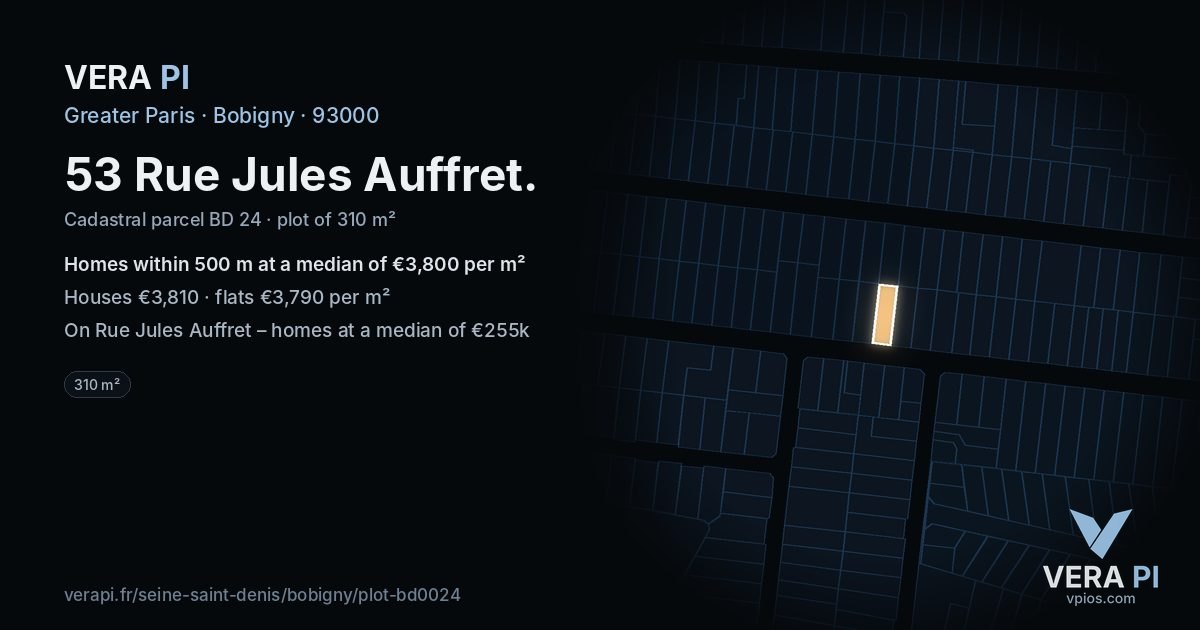 53 Rue Jules Auffret, Bobigny at night – the plot lit, the parcels around coloured by the prices near them