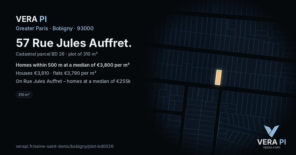 57 Rue Jules Auffret, Bobigny at night – the plot lit, the parcels around coloured by the prices near them