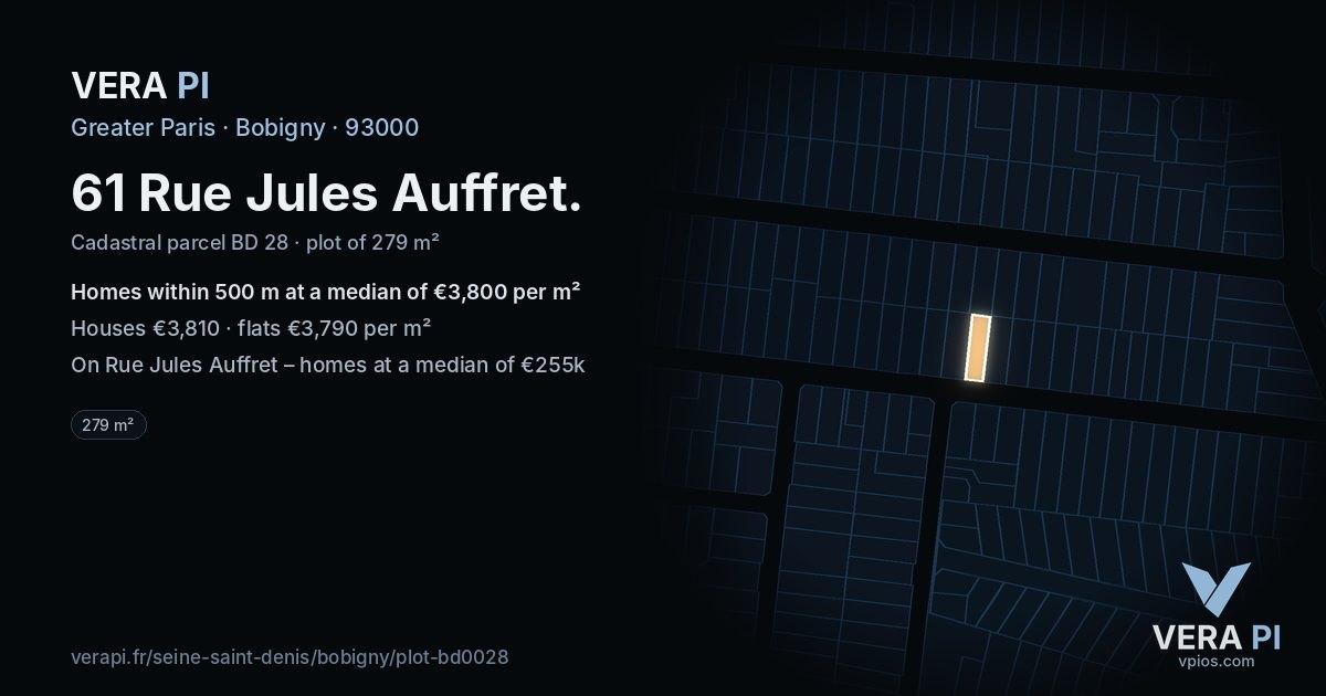 61 Rue Jules Auffret, Bobigny at night – the plot lit, the parcels around coloured by the prices near them