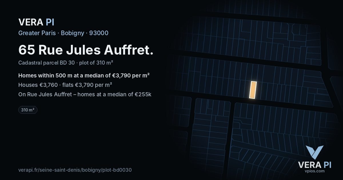 65 Rue Jules Auffret, Bobigny at night – the plot lit, the parcels around coloured by the prices near them