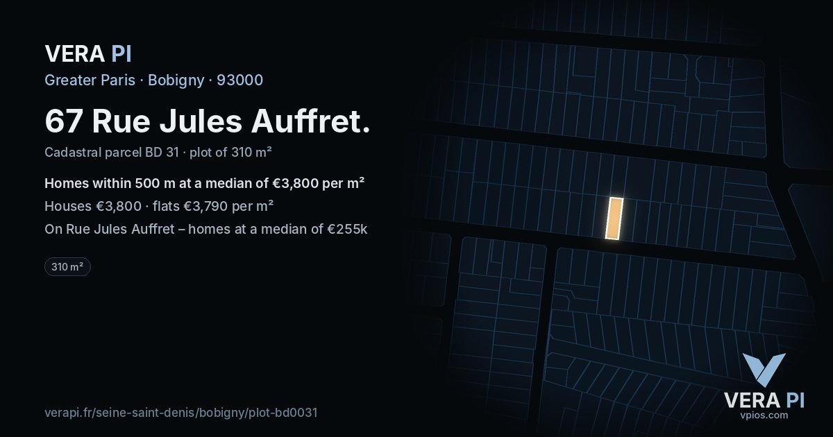 67 Rue Jules Auffret, Bobigny at night – the plot lit, the parcels around coloured by the prices near them