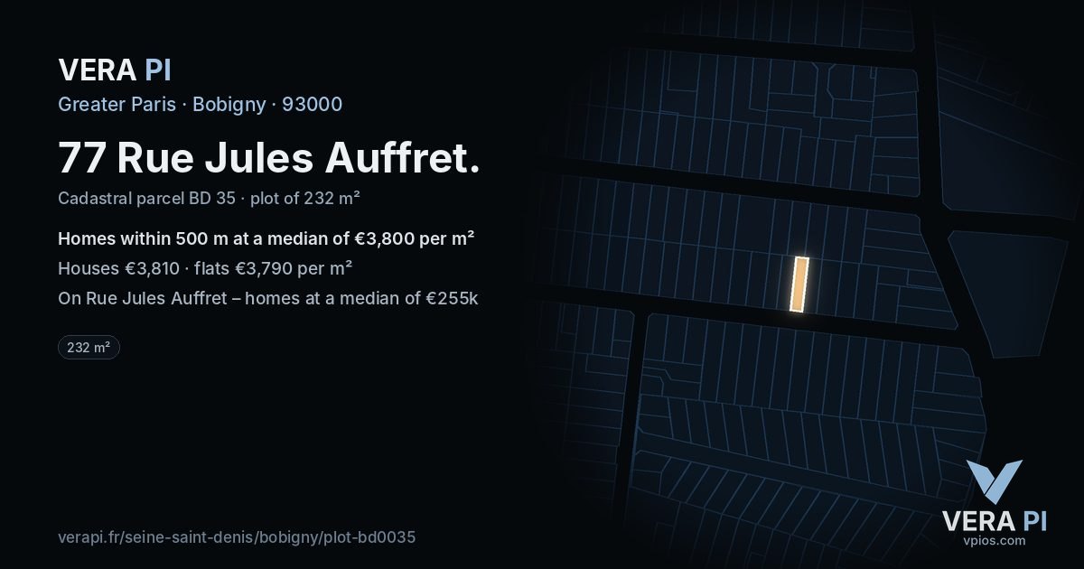 77 Rue Jules Auffret, Bobigny at night – the plot lit, the parcels around coloured by the prices near them