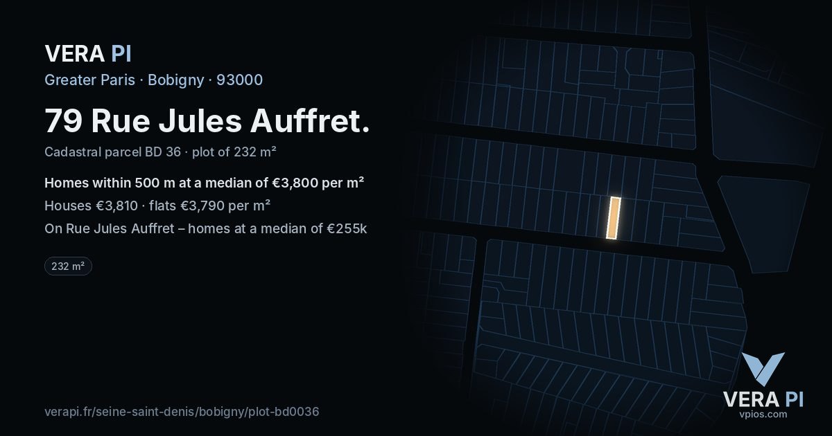 79 Rue Jules Auffret, Bobigny at night – the plot lit, the parcels around coloured by the prices near them