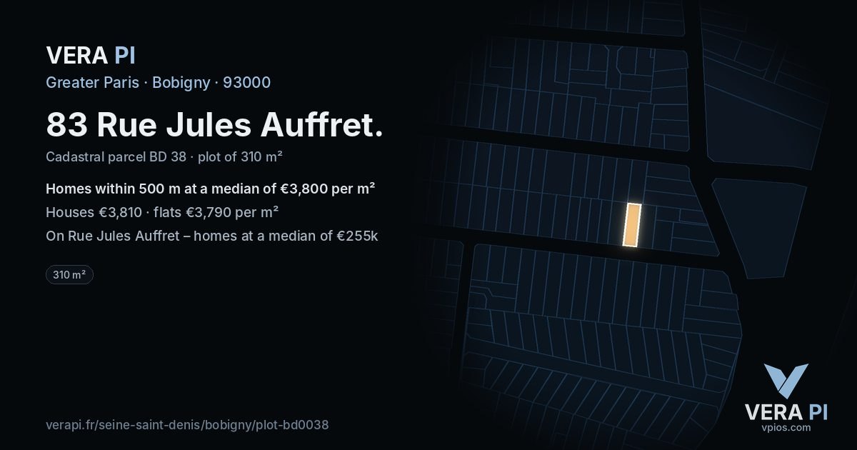 83 Rue Jules Auffret, Bobigny at night – the plot lit, the parcels around coloured by the prices near them