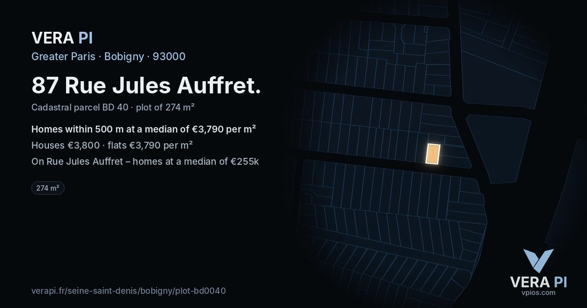 87 Rue Jules Auffret, Bobigny at night – the plot lit, the parcels around coloured by the prices near them