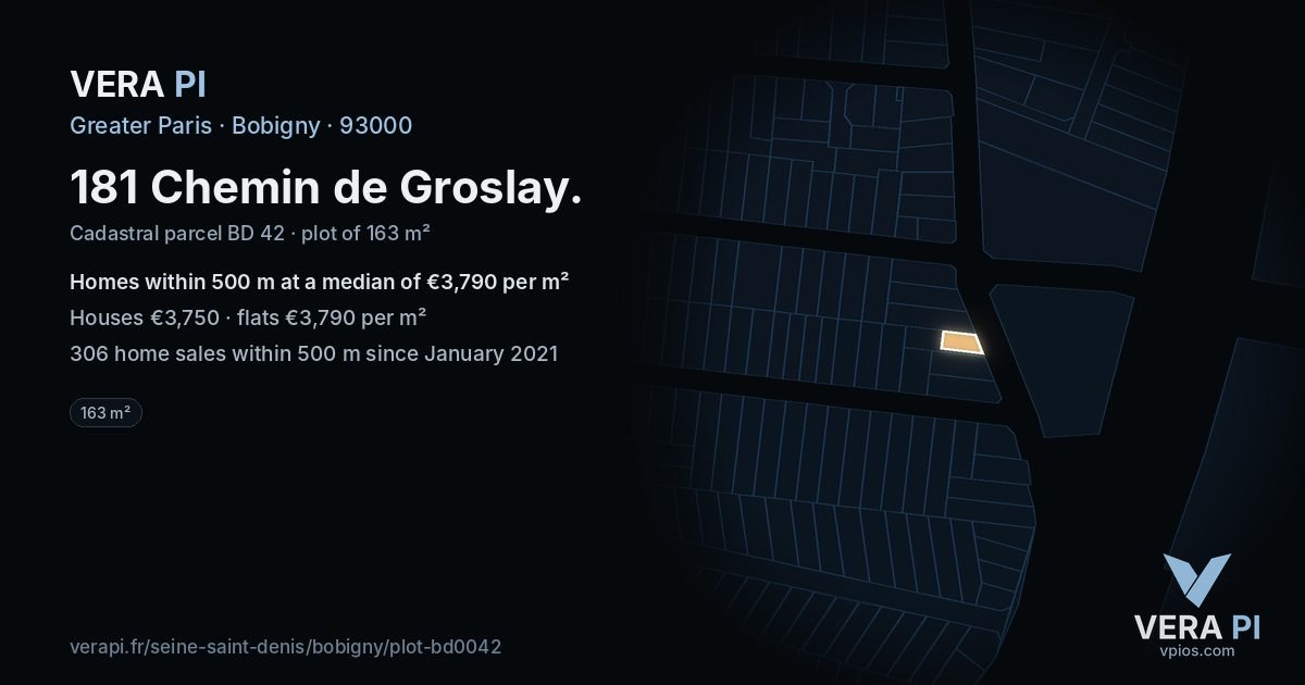 181 Chemin de Groslay, Bobigny at night – the plot lit, the parcels around coloured by the prices near them