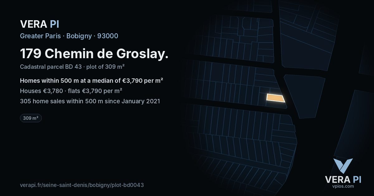 179 Chemin de Groslay, Bobigny at night – the plot lit, the parcels around coloured by the prices near them