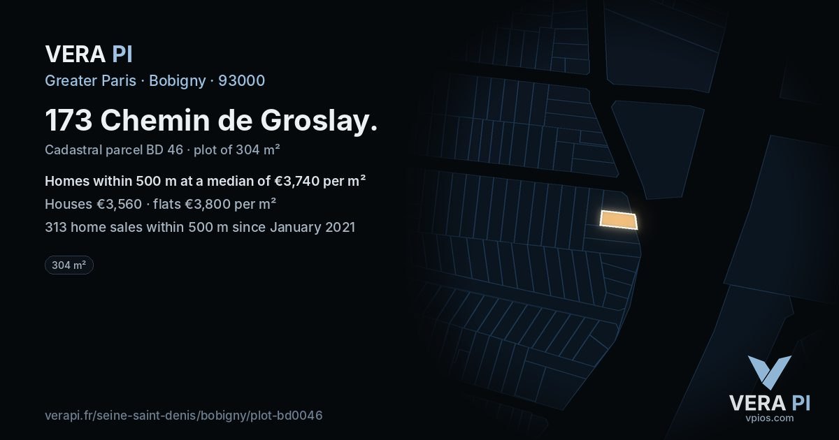 173 Chemin de Groslay, Bobigny at night – the plot lit, the parcels around coloured by the prices near them