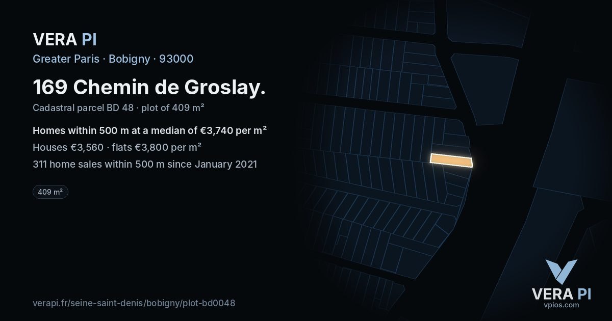 169 Chemin de Groslay, Bobigny at night – the plot lit, the parcels around coloured by the prices near them