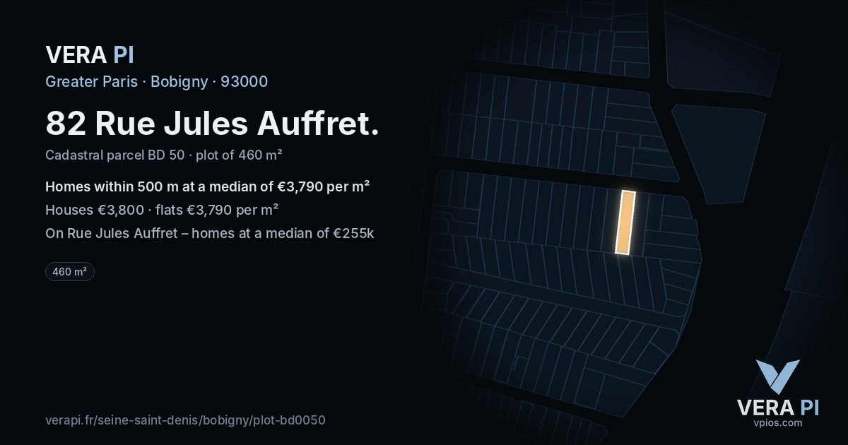 82 Rue Jules Auffret, Bobigny at night – the plot lit, the parcels around coloured by the prices near them