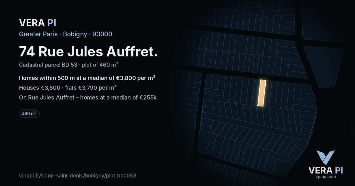 74 Rue Jules Auffret, Bobigny at night – the plot lit, the parcels around coloured by the prices near them