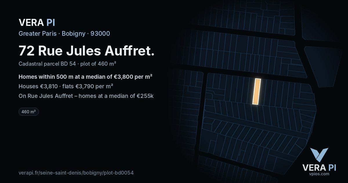 72 Rue Jules Auffret, Bobigny at night – the plot lit, the parcels around coloured by the prices near them