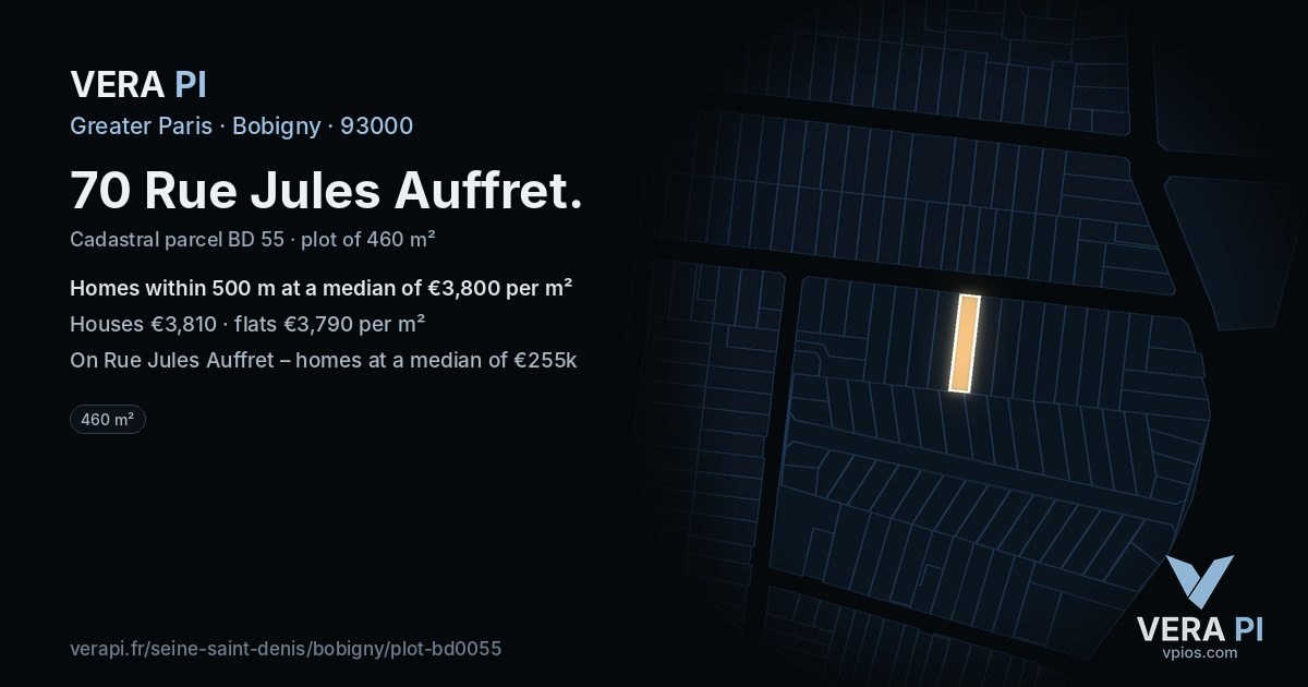 70 Rue Jules Auffret, Bobigny at night – the plot lit, the parcels around coloured by the prices near them