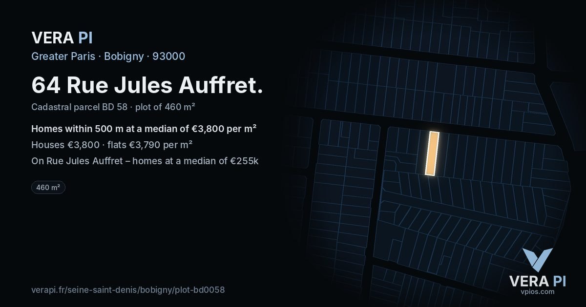 64 Rue Jules Auffret, Bobigny at night – the plot lit, the parcels around coloured by the prices near them