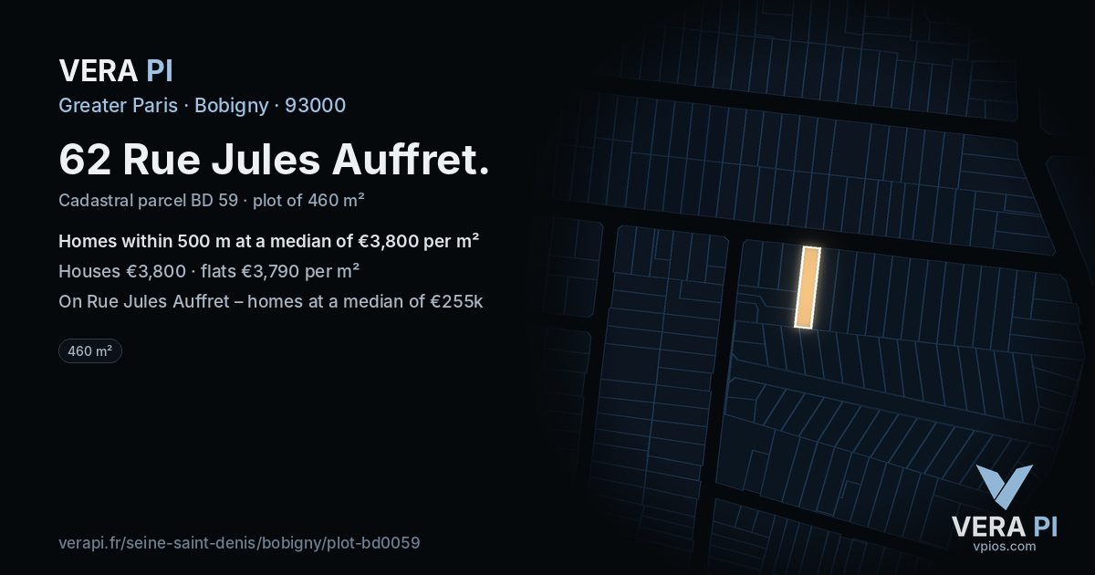 62 Rue Jules Auffret, Bobigny at night – the plot lit, the parcels around coloured by the prices near them