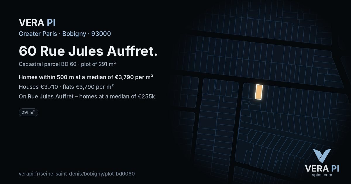 60 Rue Jules Auffret, Bobigny at night – the plot lit, the parcels around coloured by the prices near them
