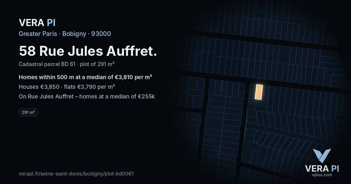 58 Rue Jules Auffret, Bobigny at night – the plot lit, the parcels around coloured by the prices near them