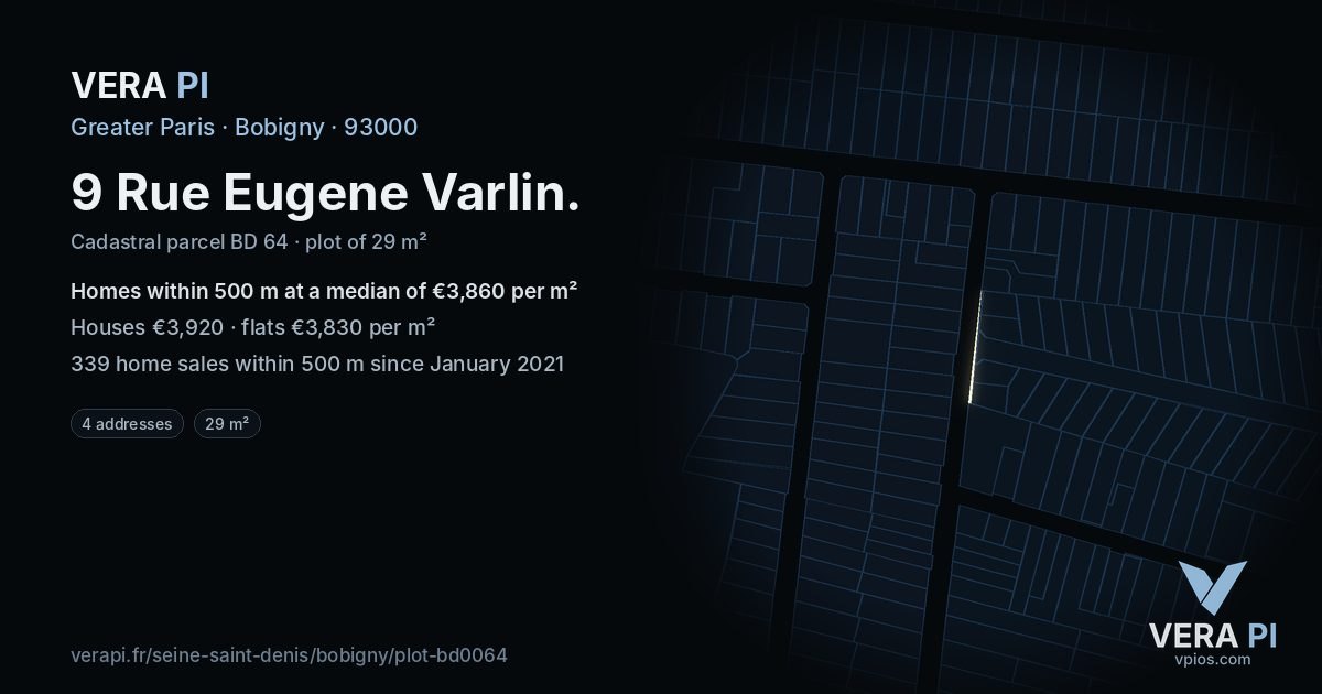 9 Rue Eugene Varlin, Bobigny at night – the plot lit, the parcels around coloured by the prices near them