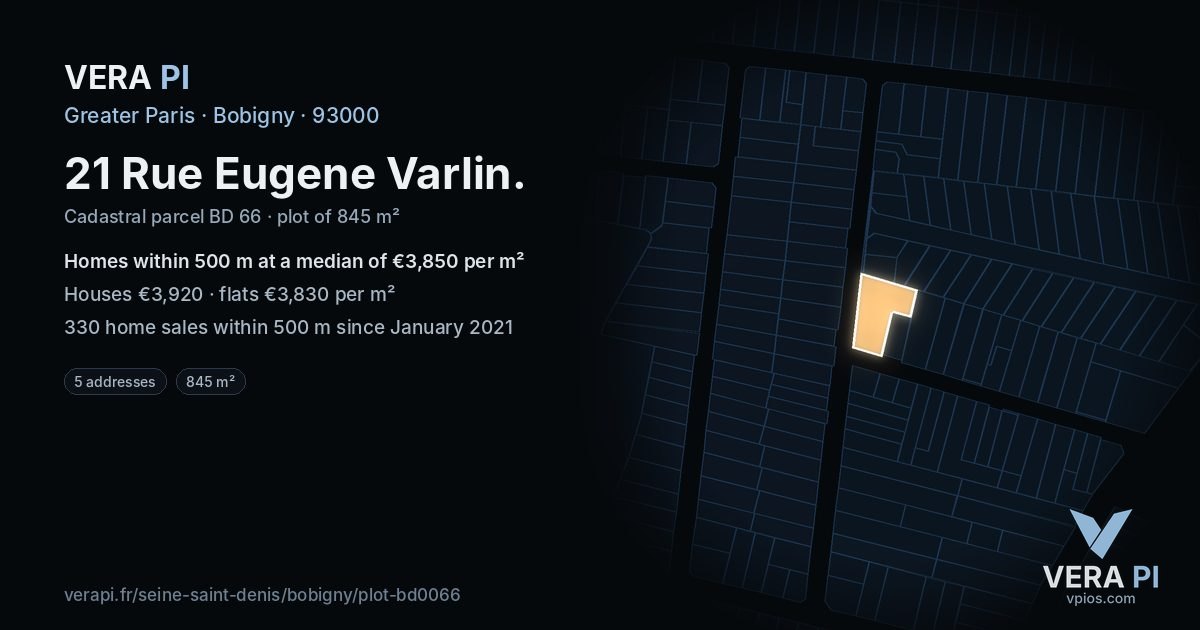 21 Rue Eugene Varlin, Bobigny at night – the plot lit, the parcels around coloured by the prices near them