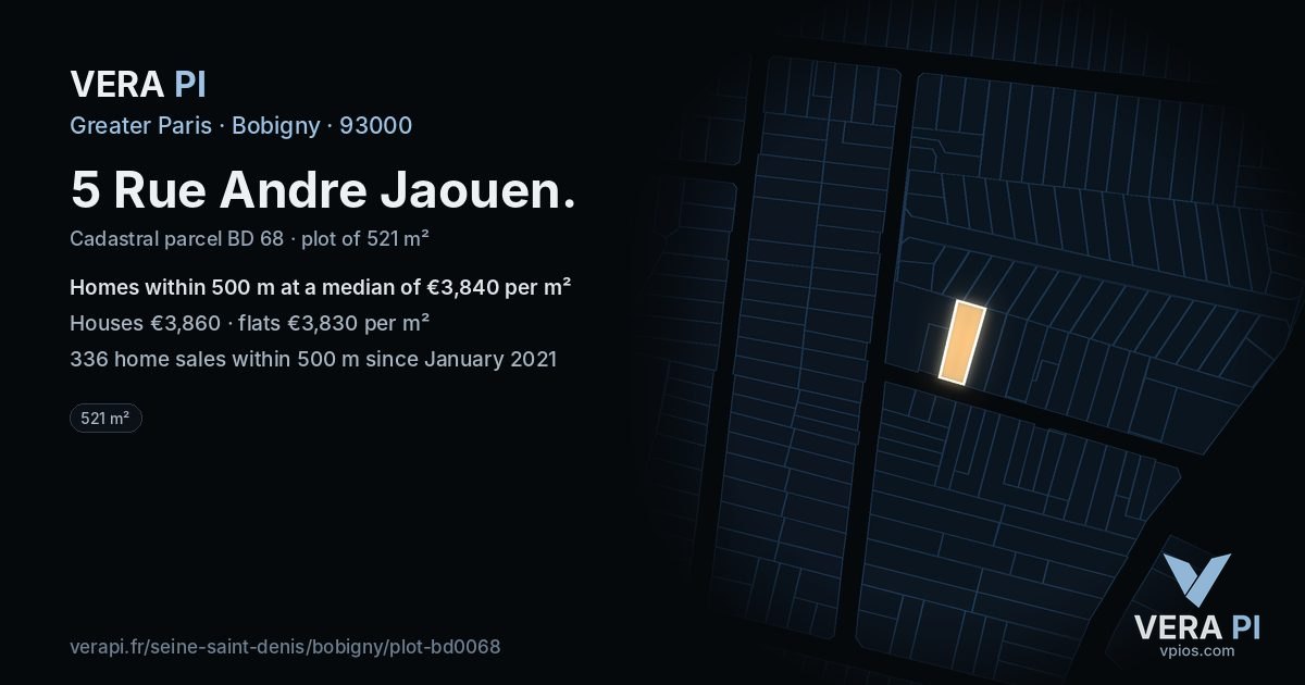 5 Rue Andre Jaouen, Bobigny at night – the plot lit, the parcels around coloured by the prices near them