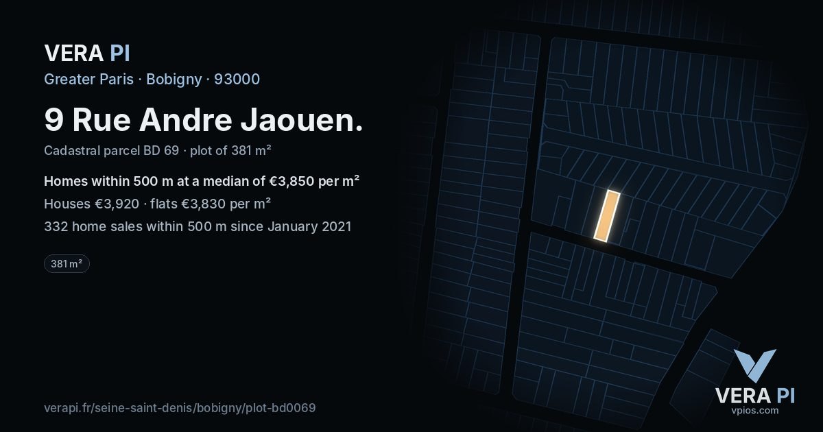 9 Rue Andre Jaouen, Bobigny at night – the plot lit, the parcels around coloured by the prices near them