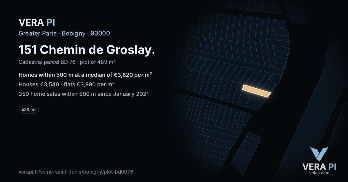151 Chemin de Groslay, Bobigny at night – the plot lit, the parcels around coloured by the prices near them