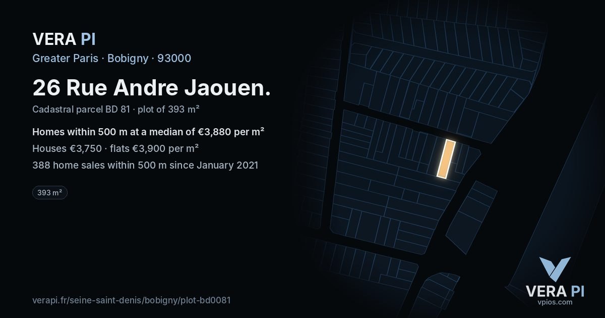 26 Rue Andre Jaouen, Bobigny at night – the plot lit, the parcels around coloured by the prices near them