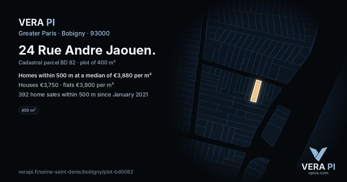 24 Rue Andre Jaouen, Bobigny at night – the plot lit, the parcels around coloured by the prices near them