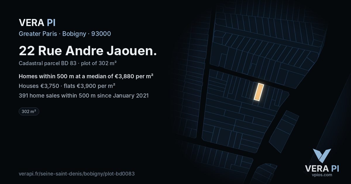22 Rue Andre Jaouen, Bobigny at night – the plot lit, the parcels around coloured by the prices near them