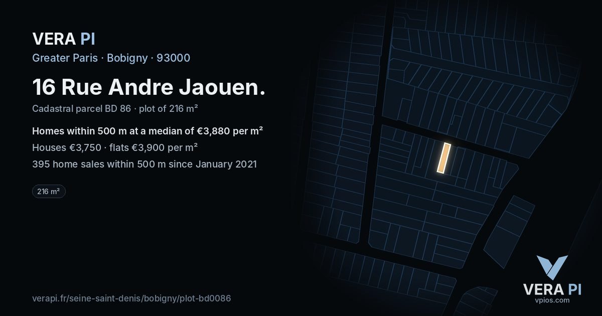 16 Rue Andre Jaouen, Bobigny at night – the plot lit, the parcels around coloured by the prices near them