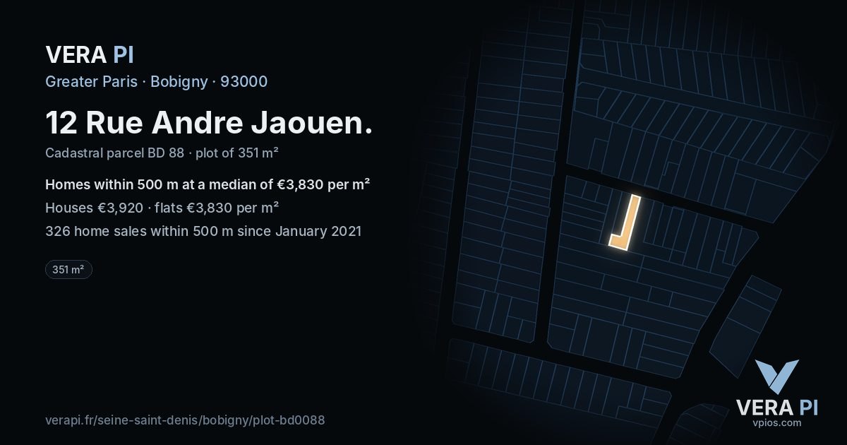 12 Rue Andre Jaouen, Bobigny at night – the plot lit, the parcels around coloured by the prices near them