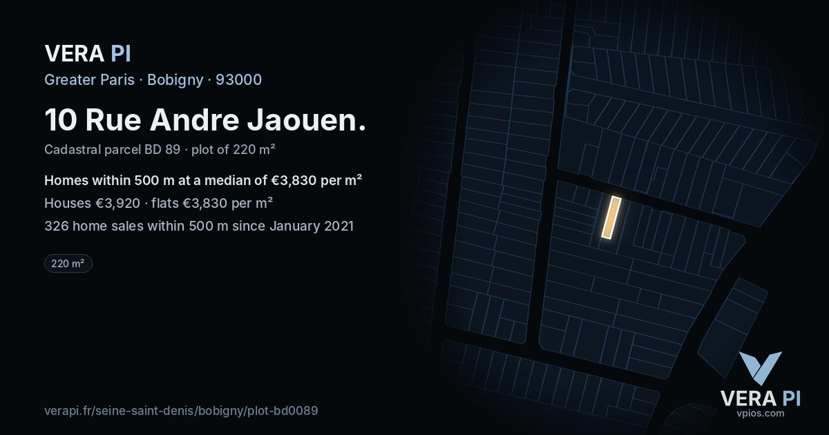 10 Rue Andre Jaouen, Bobigny at night – the plot lit, the parcels around coloured by the prices near them