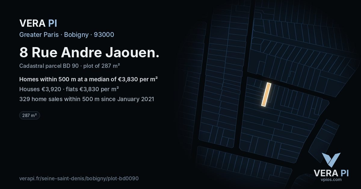 8 Rue Andre Jaouen, Bobigny at night – the plot lit, the parcels around coloured by the prices near them
