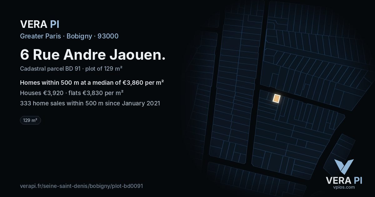 6 Rue Andre Jaouen, Bobigny at night – the plot lit, the parcels around coloured by the prices near them