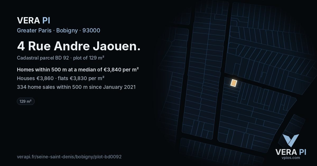 4 Rue Andre Jaouen, Bobigny at night – the plot lit, the parcels around coloured by the prices near them