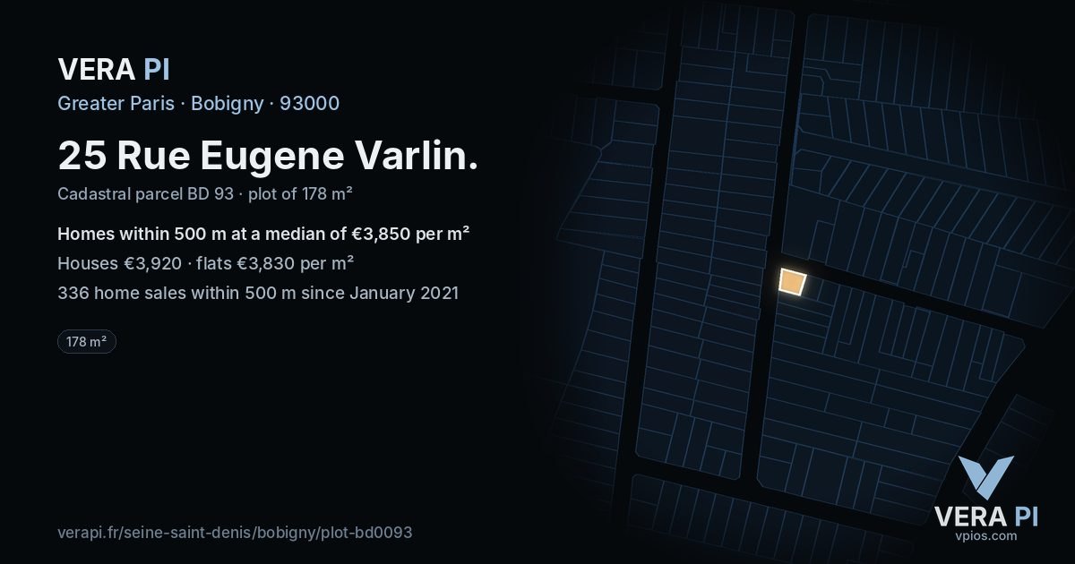 25 Rue Eugene Varlin, Bobigny at night – the plot lit, the parcels around coloured by the prices near them