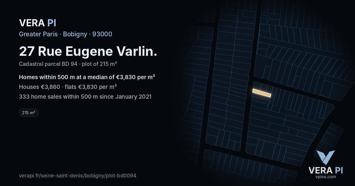 27 Rue Eugene Varlin, Bobigny at night – the plot lit, the parcels around coloured by the prices near them