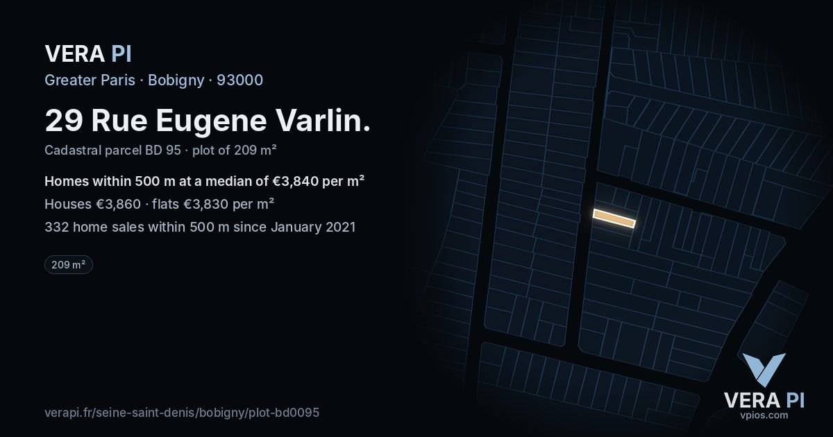 29 Rue Eugene Varlin, Bobigny at night – the plot lit, the parcels around coloured by the prices near them