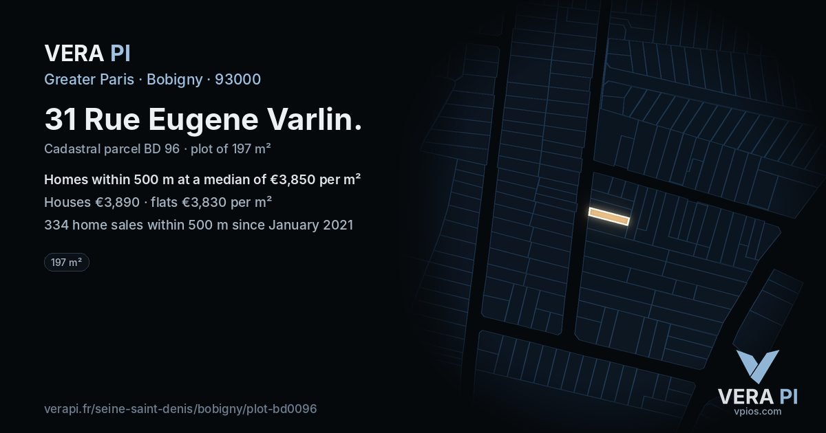 31 Rue Eugene Varlin, Bobigny at night – the plot lit, the parcels around coloured by the prices near them