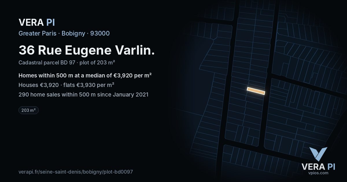 36 Rue Eugene Varlin, Bobigny at night – the plot lit, the parcels around coloured by the prices near them