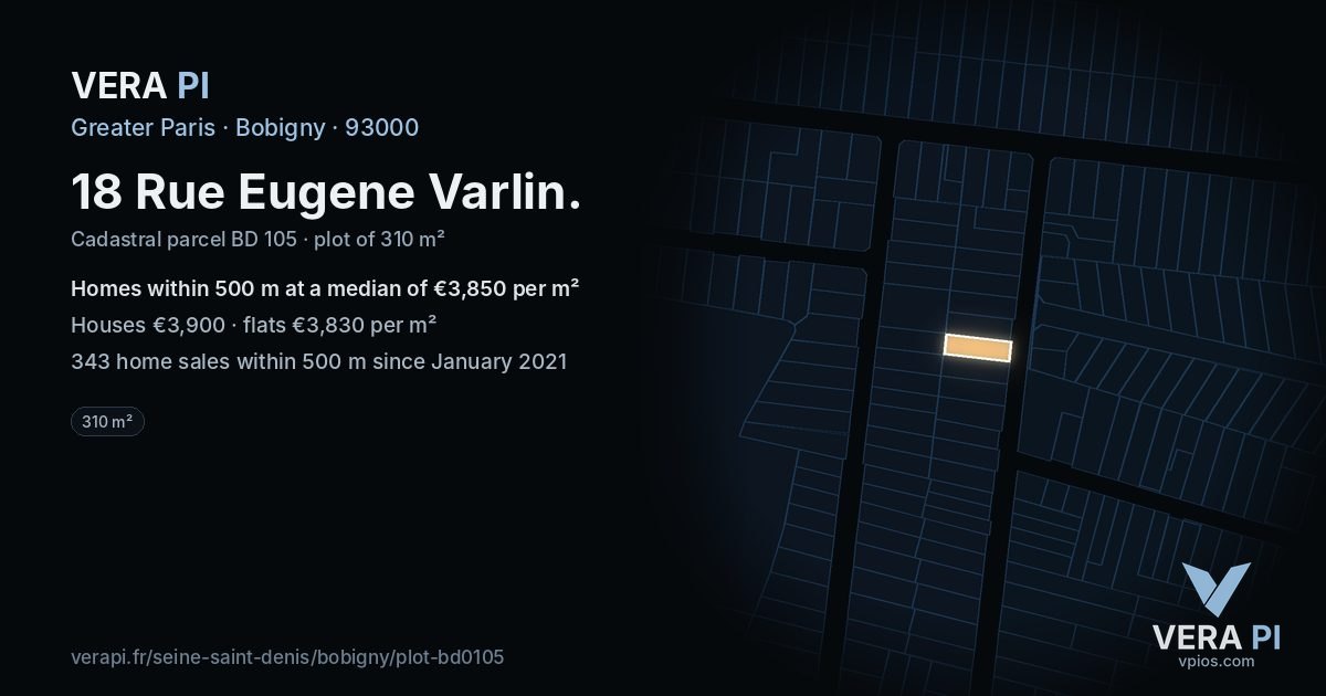 18 Rue Eugene Varlin, Bobigny at night – the plot lit, the parcels around coloured by the prices near them