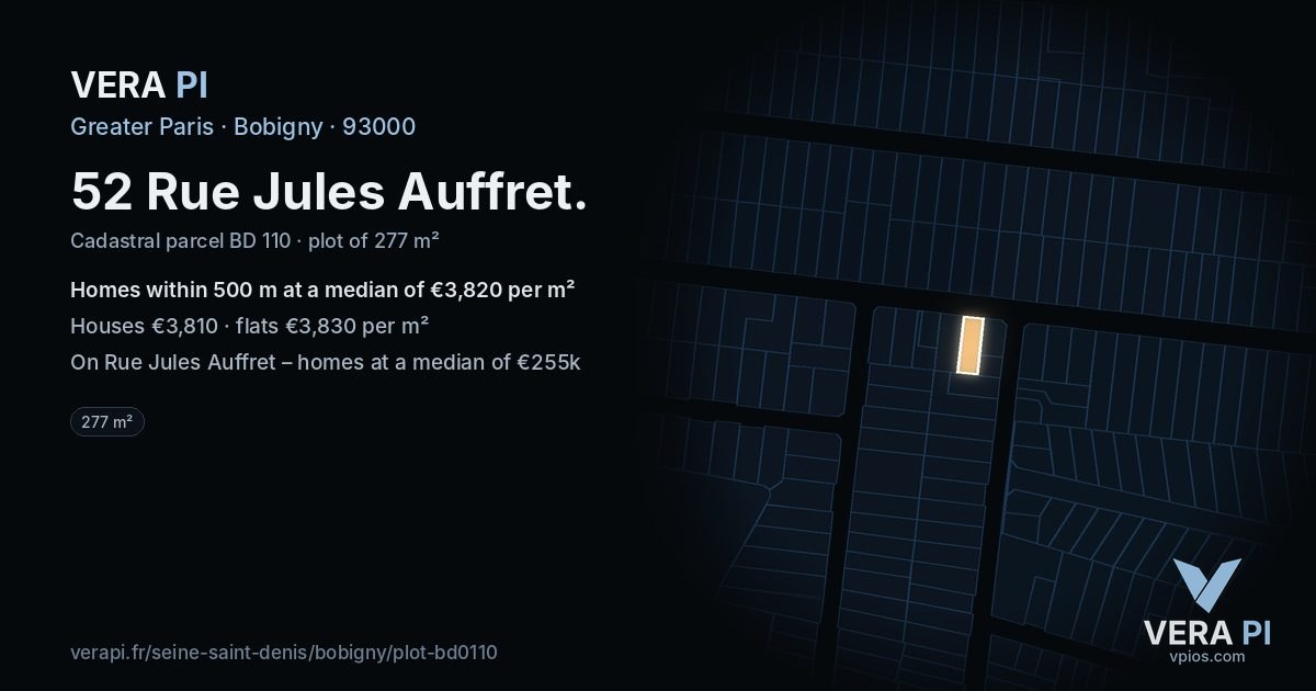 52 Rue Jules Auffret, Bobigny at night – the plot lit, the parcels around coloured by the prices near them