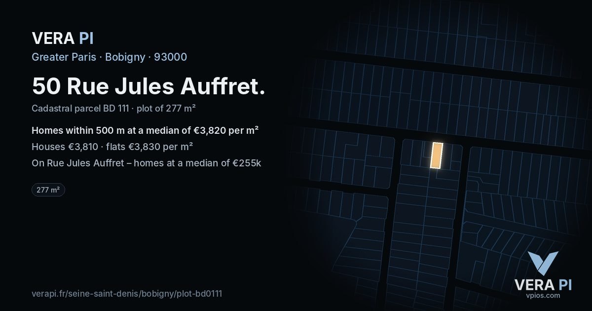 50 Rue Jules Auffret, Bobigny at night – the plot lit, the parcels around coloured by the prices near them