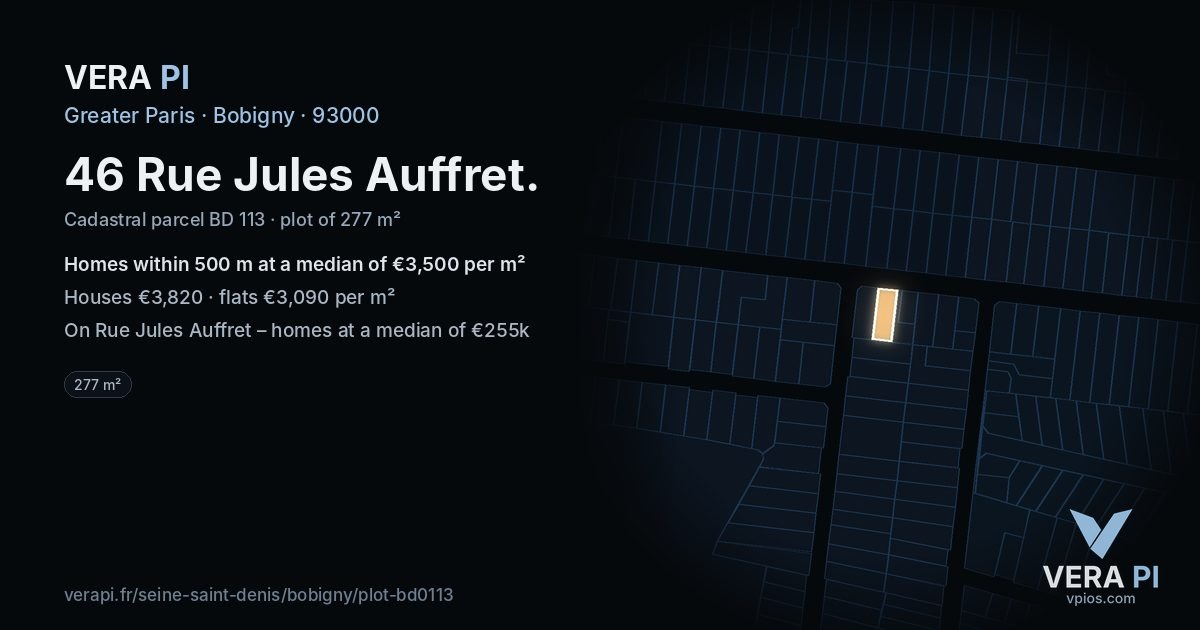 46 Rue Jules Auffret, Bobigny at night – the plot lit, the parcels around coloured by the prices near them