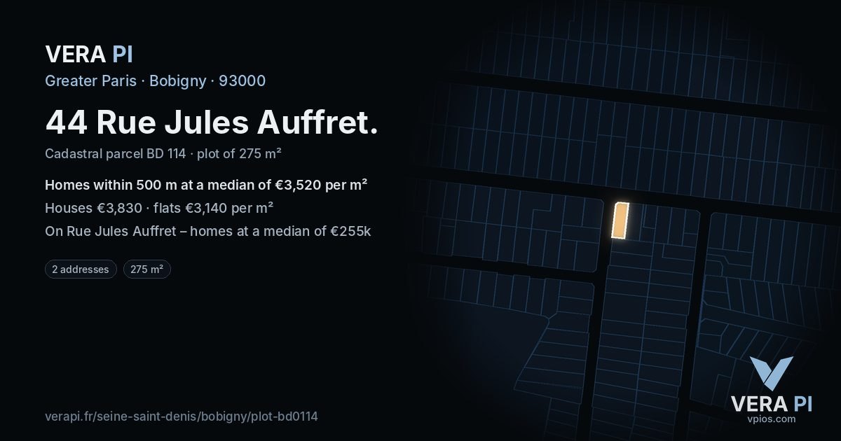 44 Rue Jules Auffret, Bobigny at night – the plot lit, the parcels around coloured by the prices near them