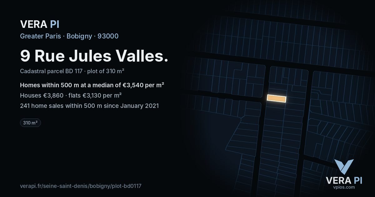 9 Rue Jules Valles, Bobigny at night – the plot lit, the parcels around coloured by the prices near them